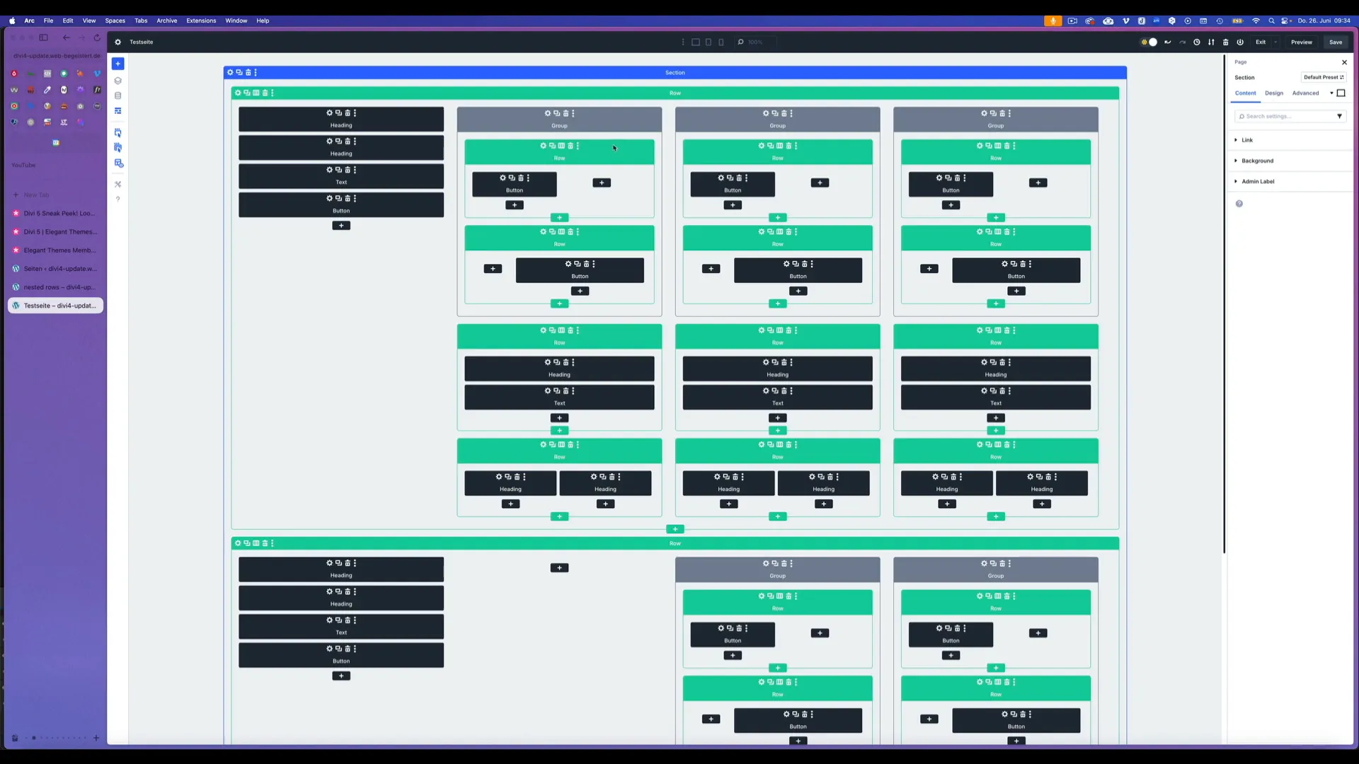 Wireframe Ansicht mit Nested Rows in Divi 5