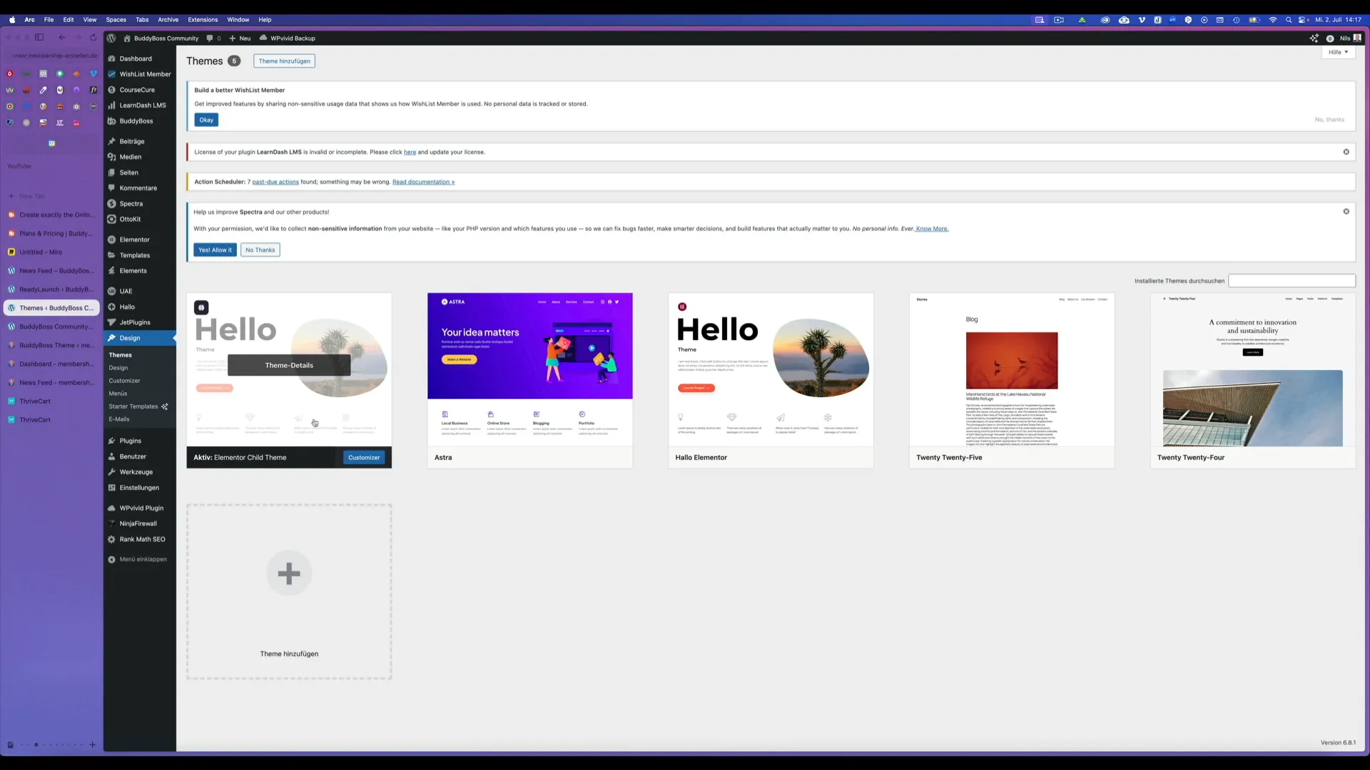 WordPress Design Einstellungen mit aktivem Hello Theme