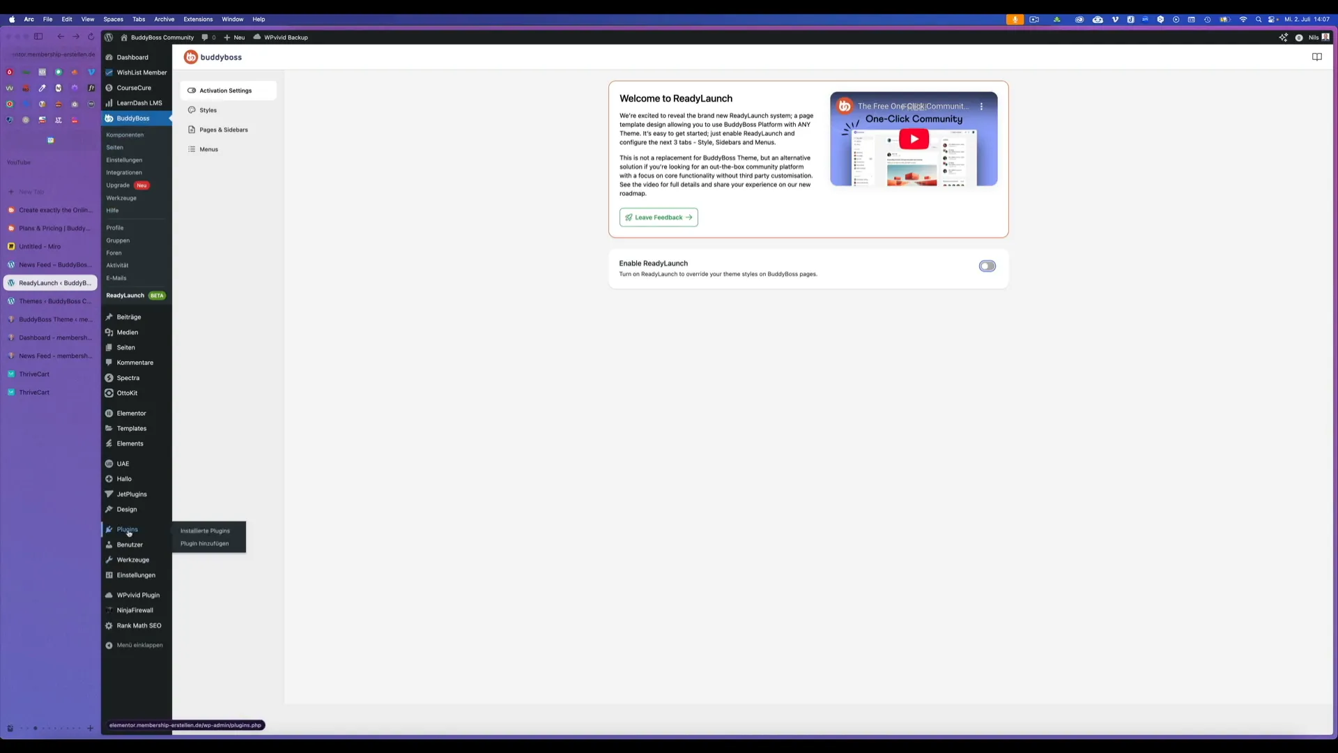 BuddyBoss Ready Launch Plugin Installation im WordPress Backend