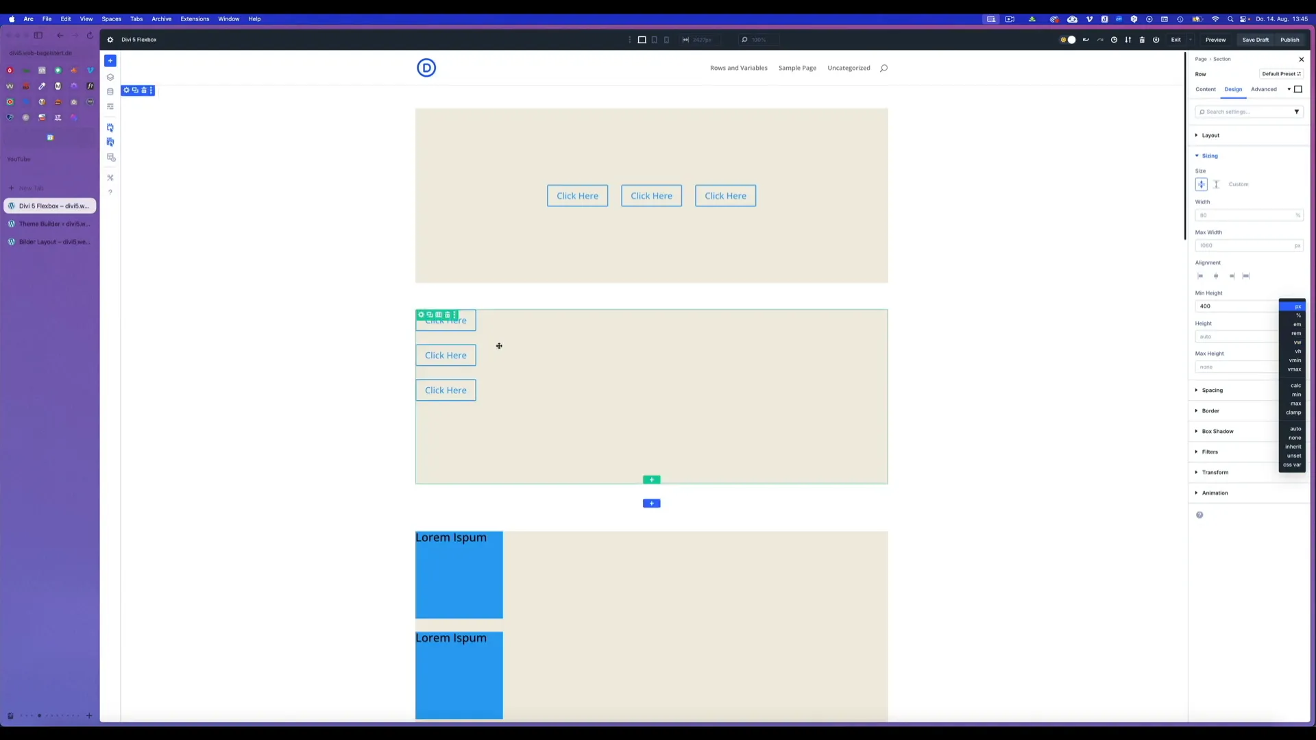 Zeile mit drei Buttons und Sizing-Optionen