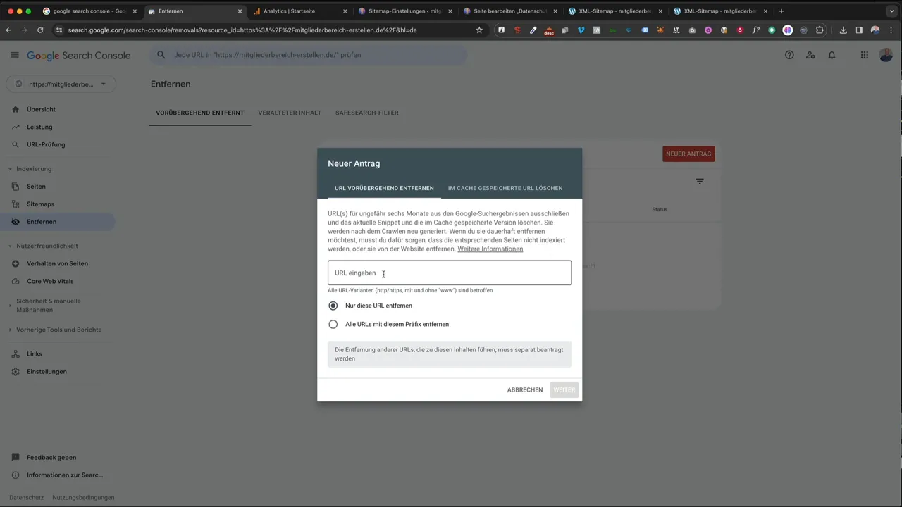 Search Console: URL entfernen Dialog