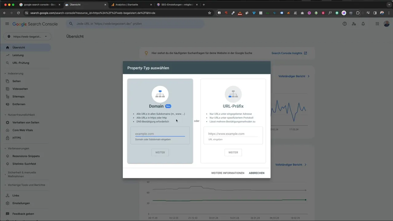 Dialog: Property hinzufügen in der Google Search Console