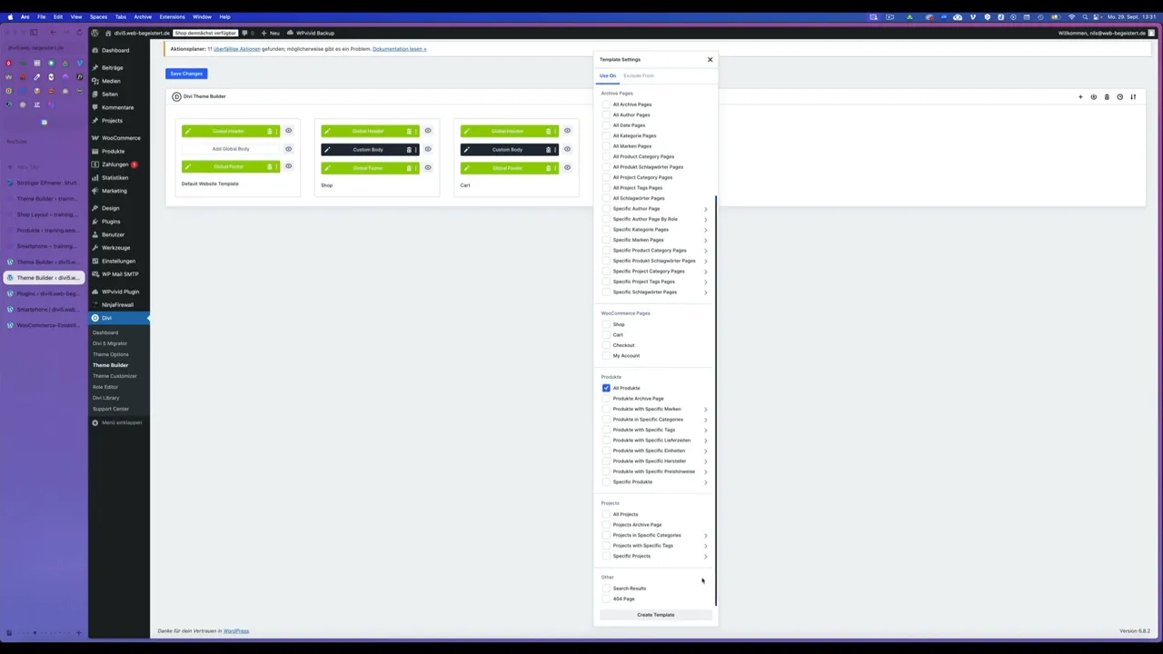 Template-Auswahl im Divi Theme Builder für WooCommerce Produkte
