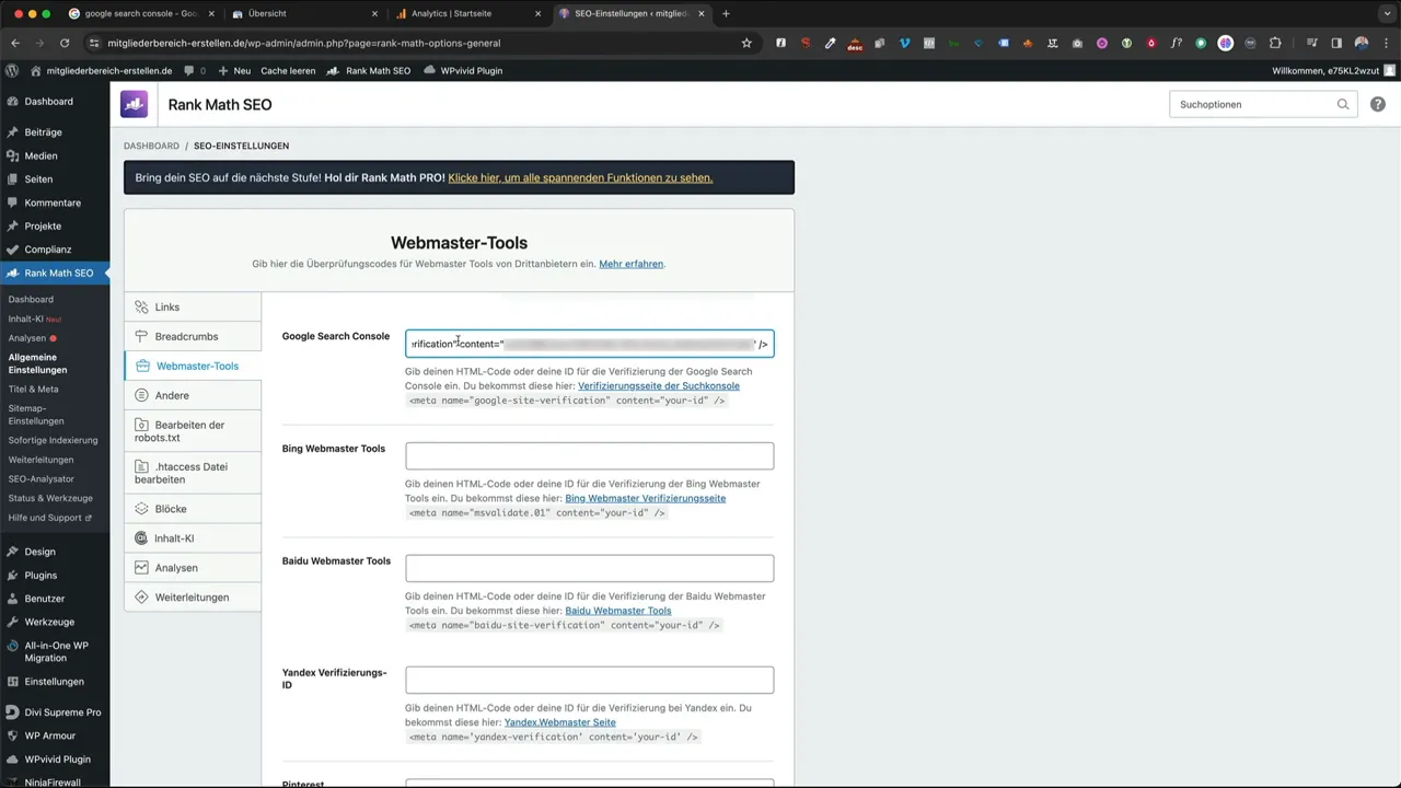 Rank Math Einstellungen – Webmaster Tools Feld