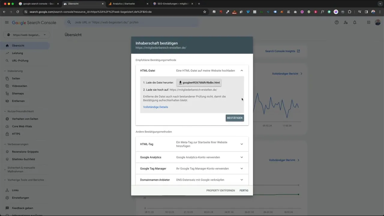Verifizierungsmethoden: HTML-Datei, HTML-Tag, Google Analytics
