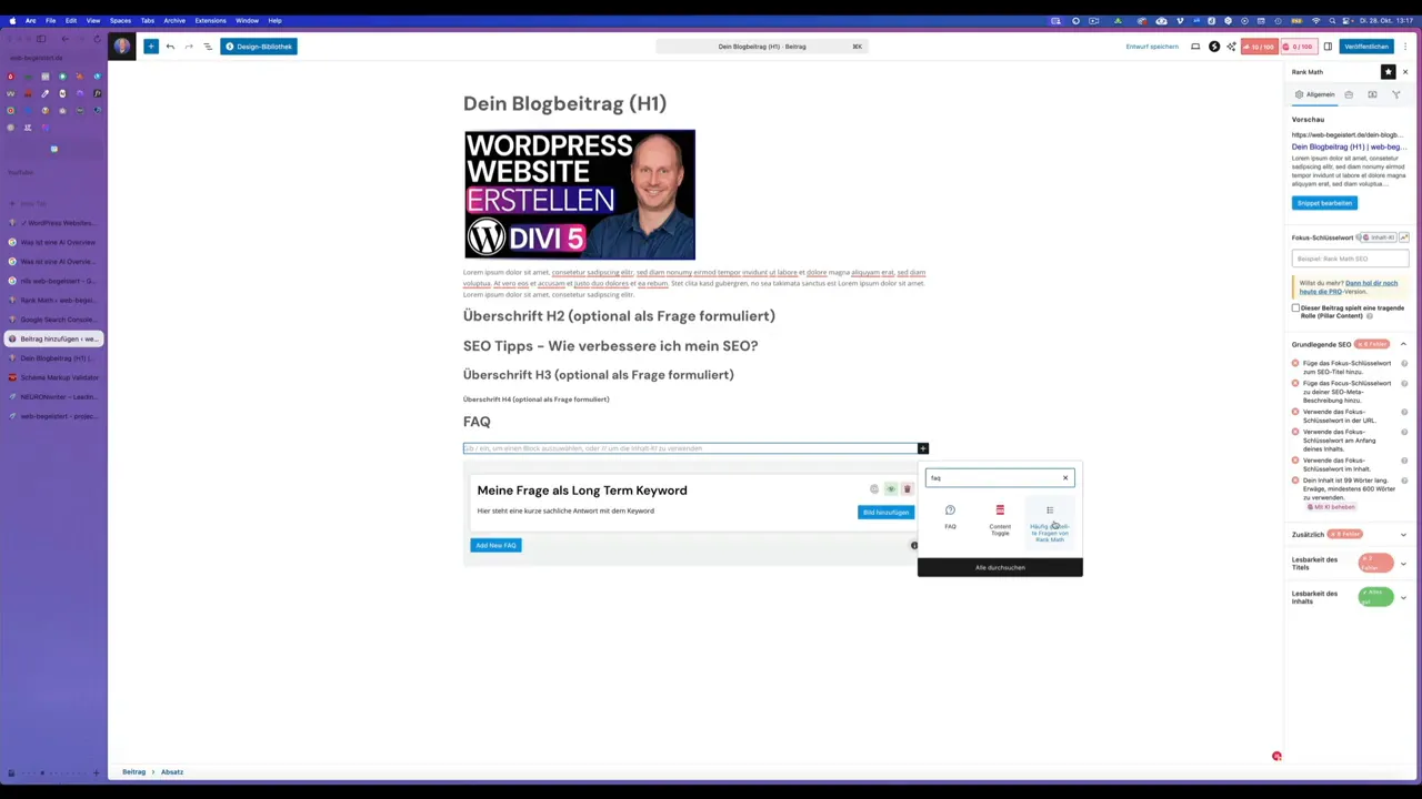 FAQ Modul in RankMath: Fragen und Antworten einfügen