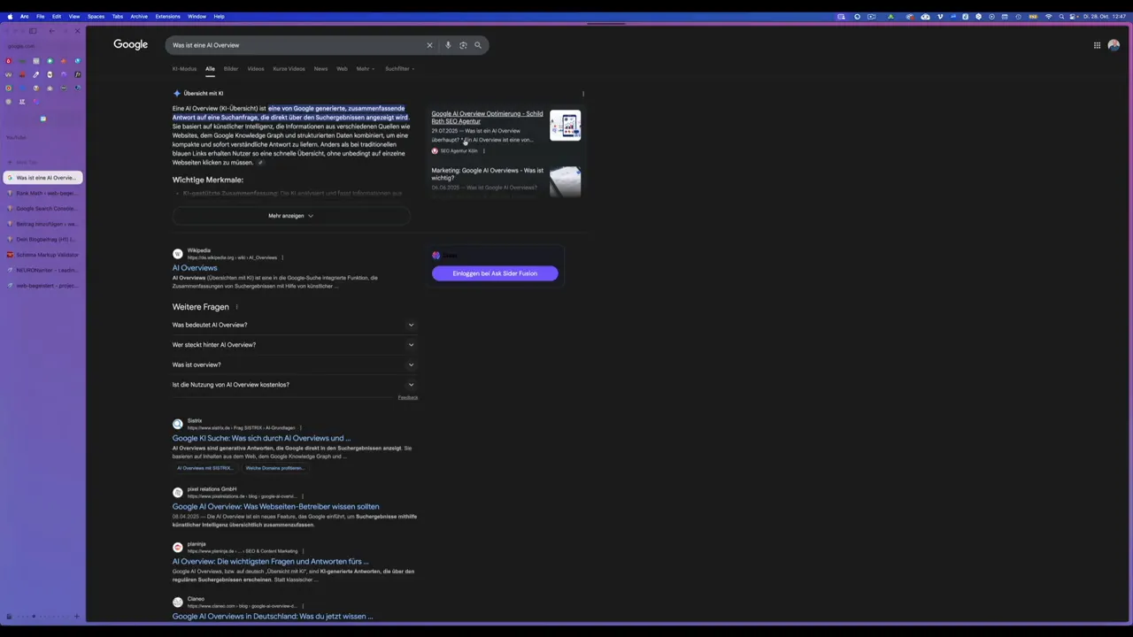Google Suche mit AI Overview rechts und klassischen Suchergebnissen unten