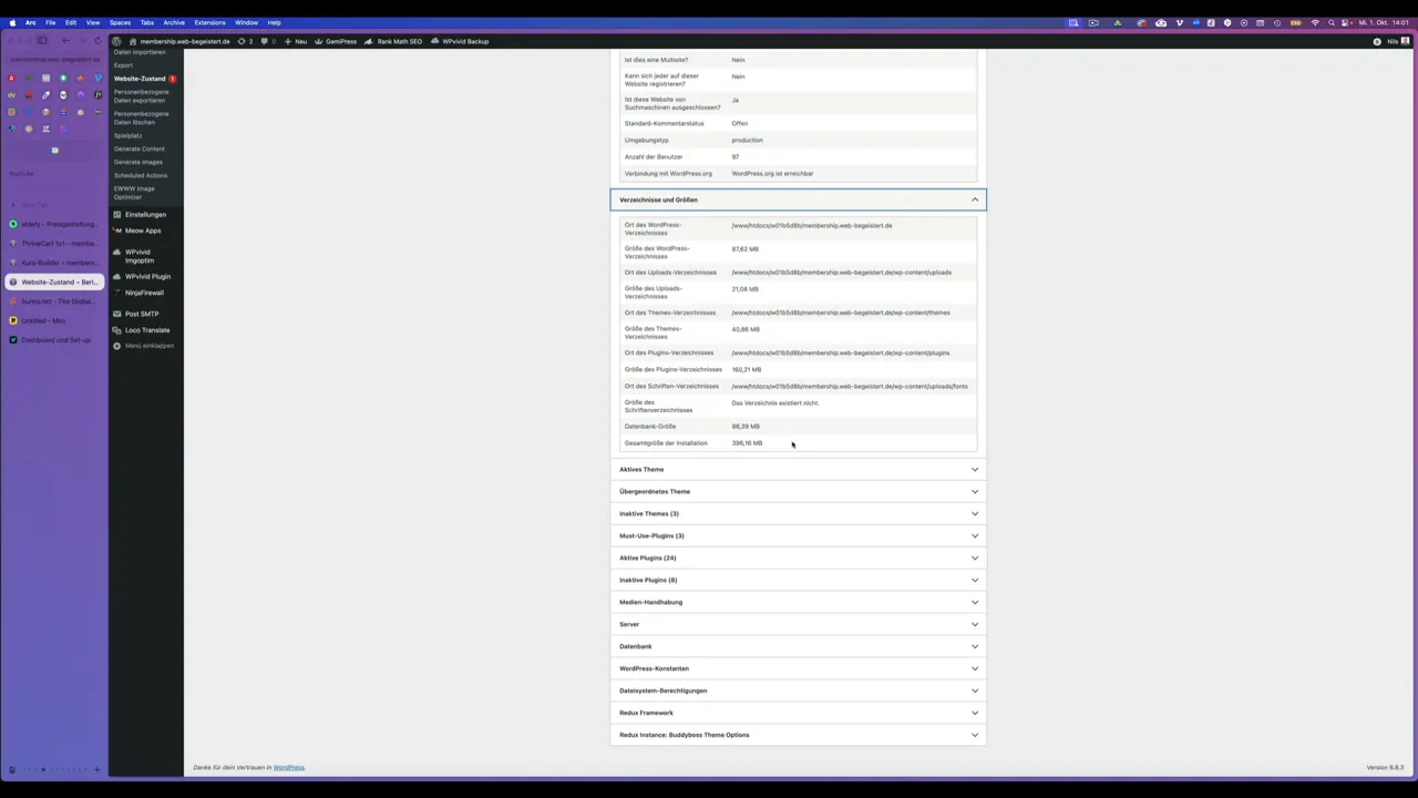 WordPress Dashboard: Webseitenzustand und Speicherverbrauch