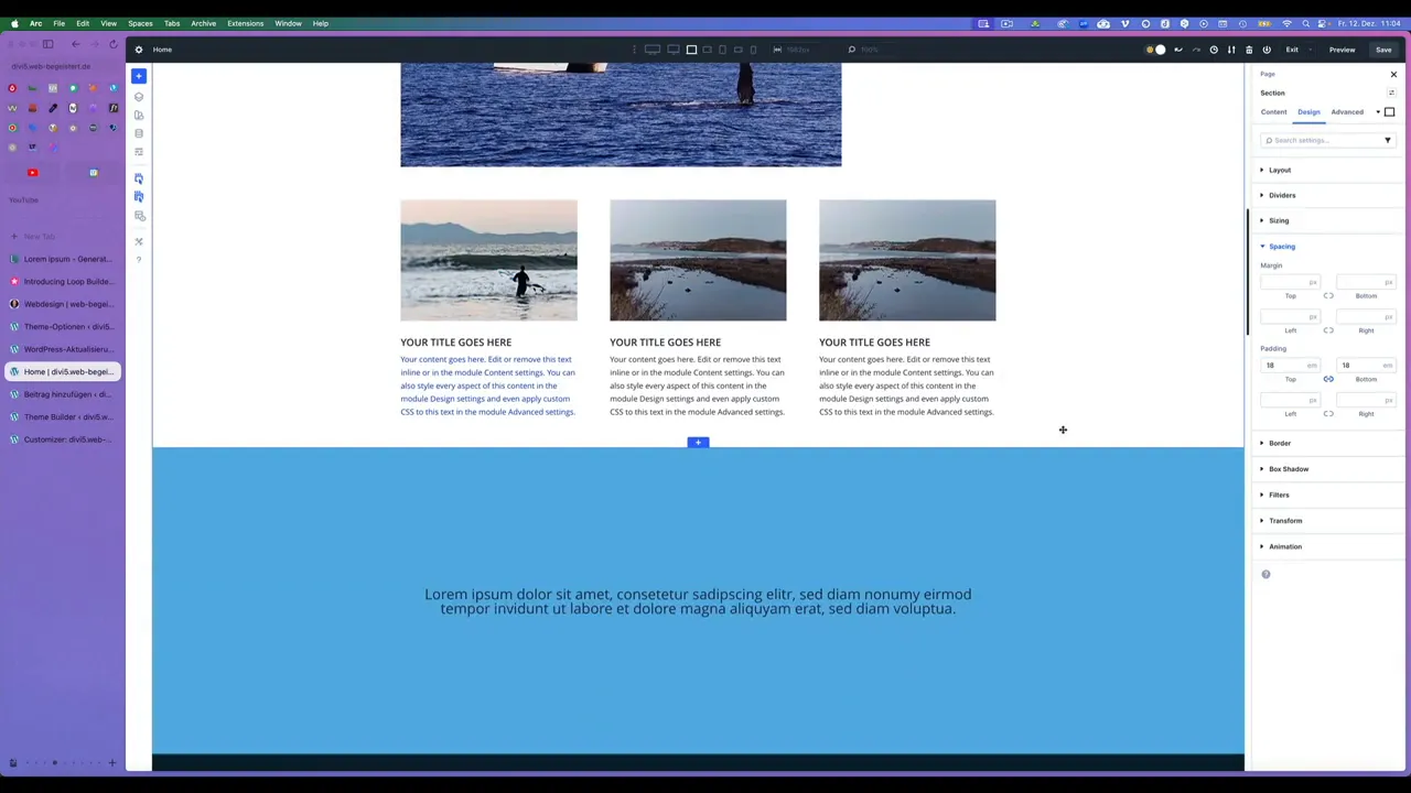 Divi Sektion mit großem Padding auf blauem Hintergrund – Padding-Einstellungen in der Seitenleiste sichtbar