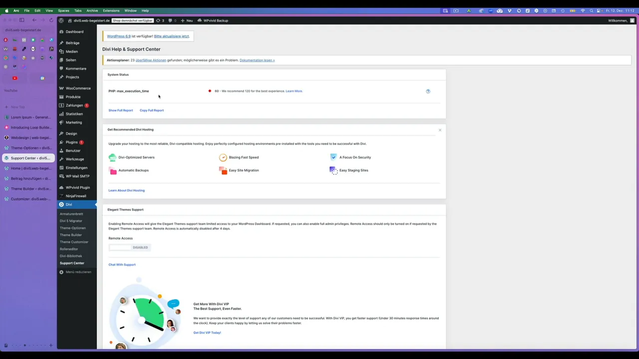 Divi Support Center mit Warnung zu PHP max_execution_time
