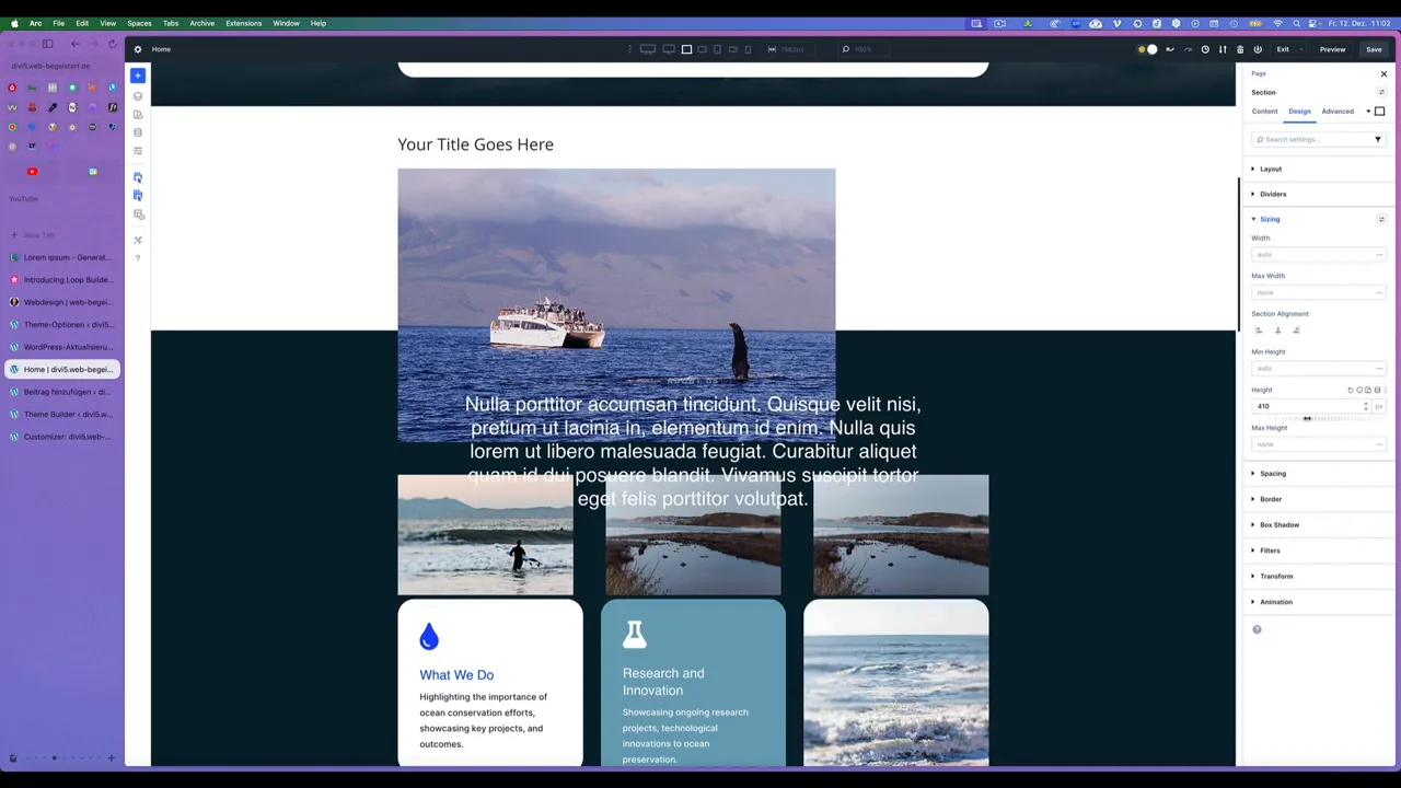 Divi Builder: Sizing Einstellungen geöffnet, 'Height' Feld sichtbar (Section Einstellungen)
