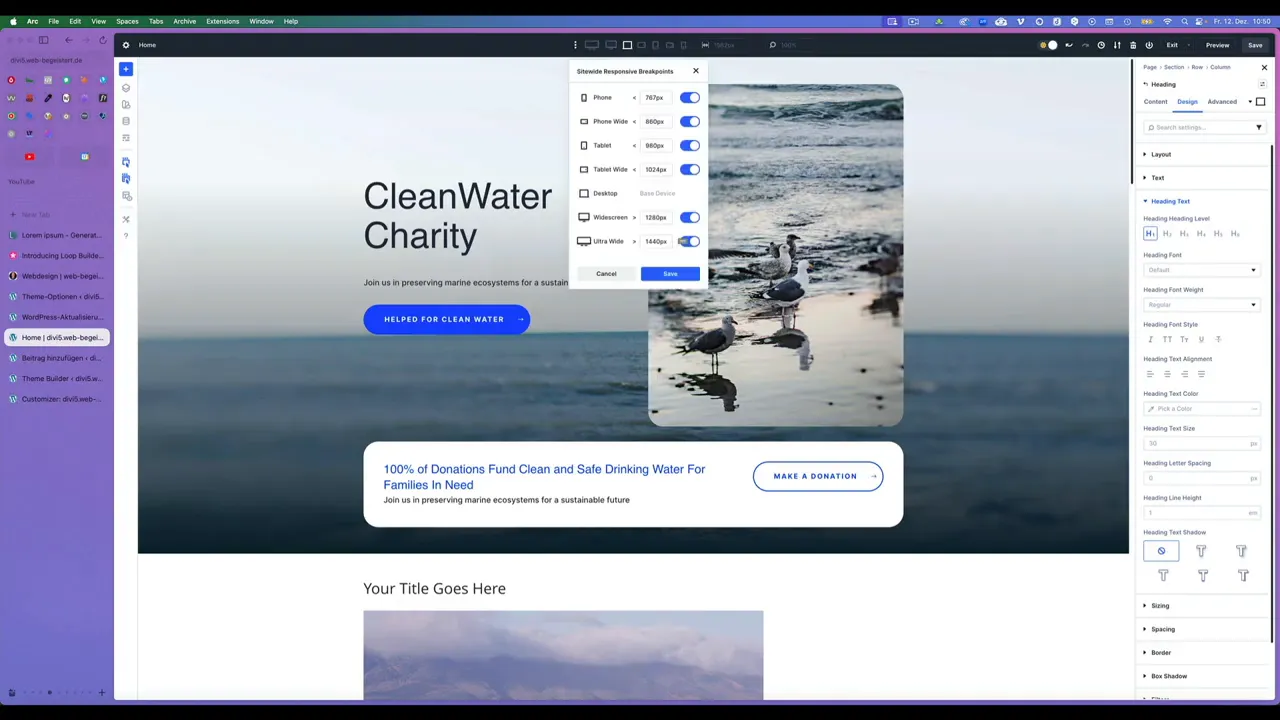 Divi Dialog 'Sitewide Responsive Breakpoints' mit Optionen für Phone, Tablet, Desktop und toggles