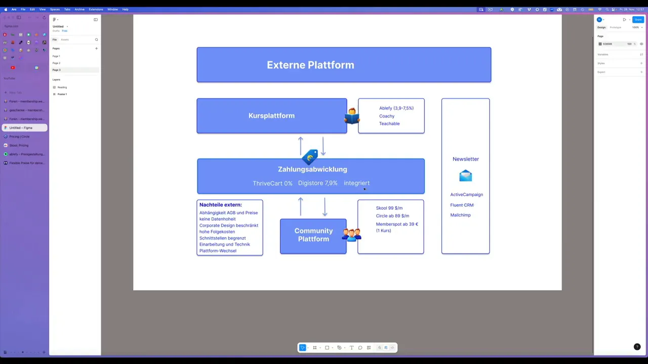 Diagramm: Externe Plattform mit Kursplattform, Zahlungsabwicklung, Community‑Plattform und Newsletter‑Spalte
