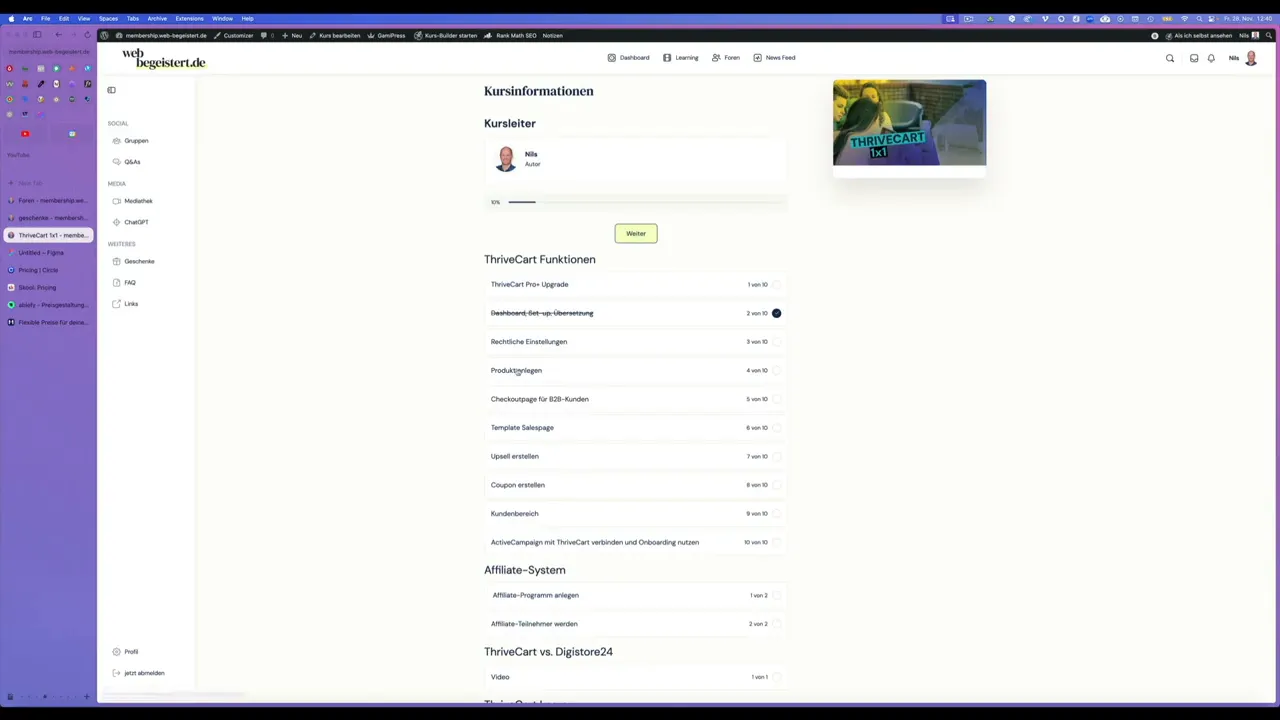 Kursübersicht mit Titelbild-Thumbnail, Kursleiter-Box und Fortschrittsbalken (ThriveCart 1x1).