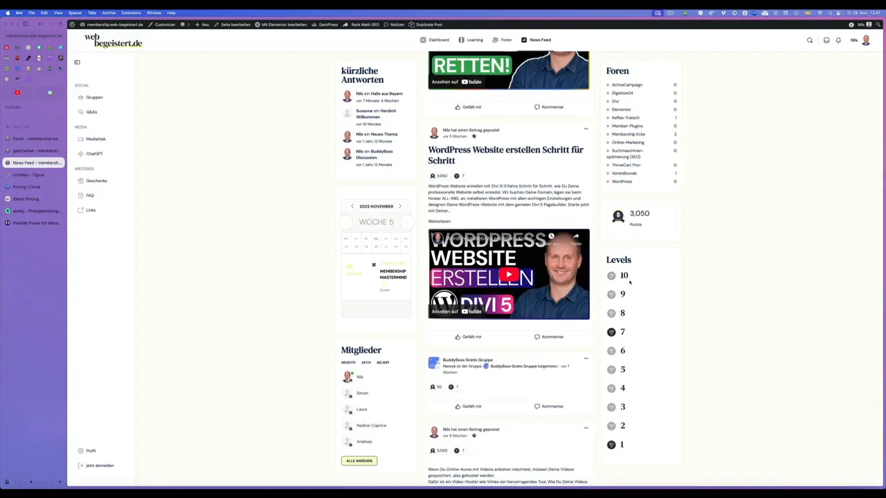 Community News‑Feed mit Beitrag, eingebettetem YouTube‑Thumbnail, Mitgliederliste und Level‑Anzeige