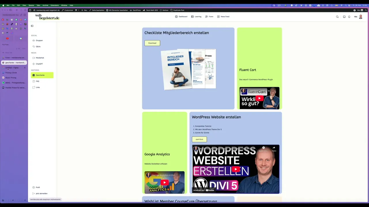 WordPress Mitgliederbereich mit Kurskacheln, Navigation und Videothumbnails