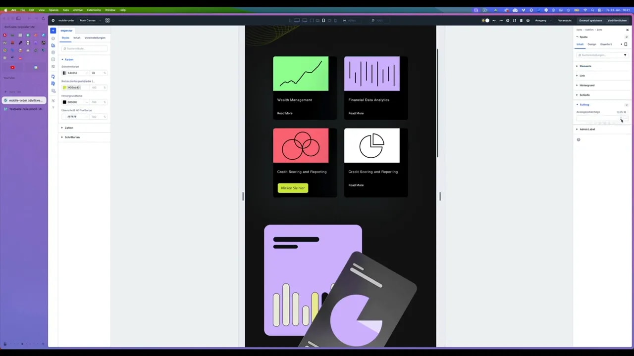 Divi Editor Spalten-Einstellungen mit 'Auftrag' (Order) Feld sichtbar