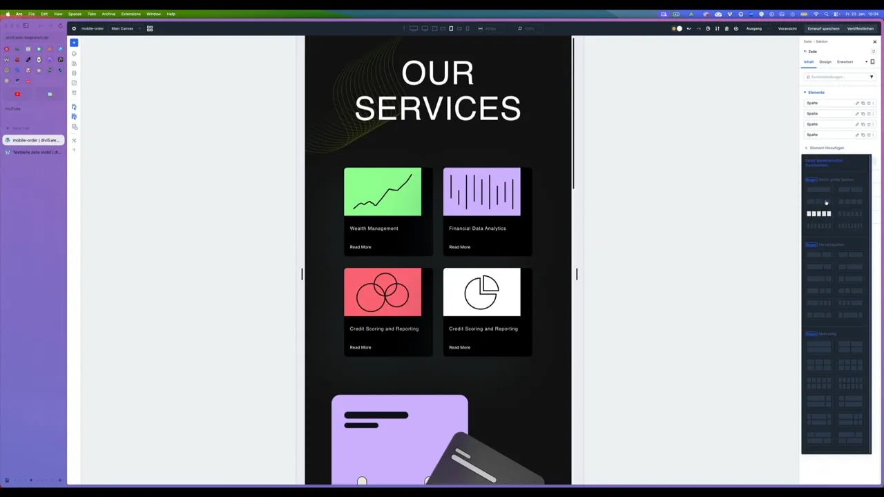 Geöffnetes Strukturvorlagen‑Panel in Divi mit Auswahl verschiedener Spaltenvorlagen neben der Mobile‑Vorschau