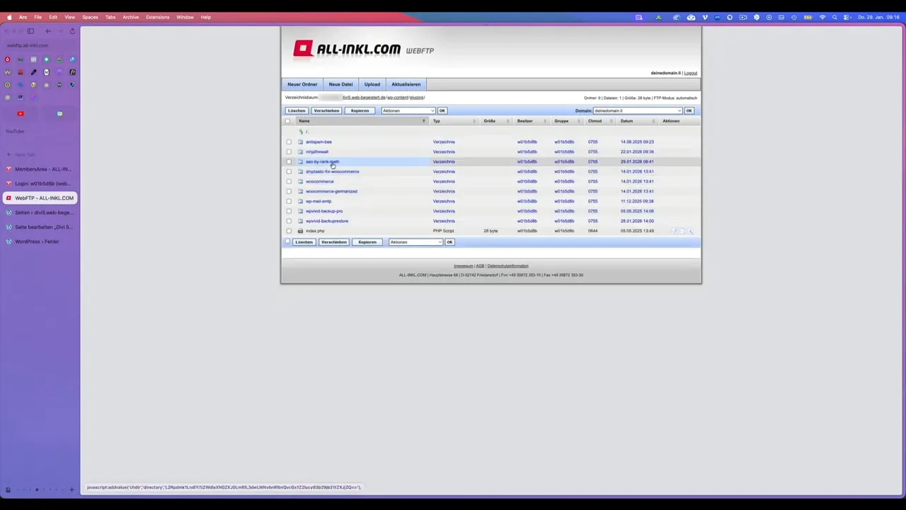 WebFTP Plugin-Liste mit Einträgen wie seo-by-rank-math