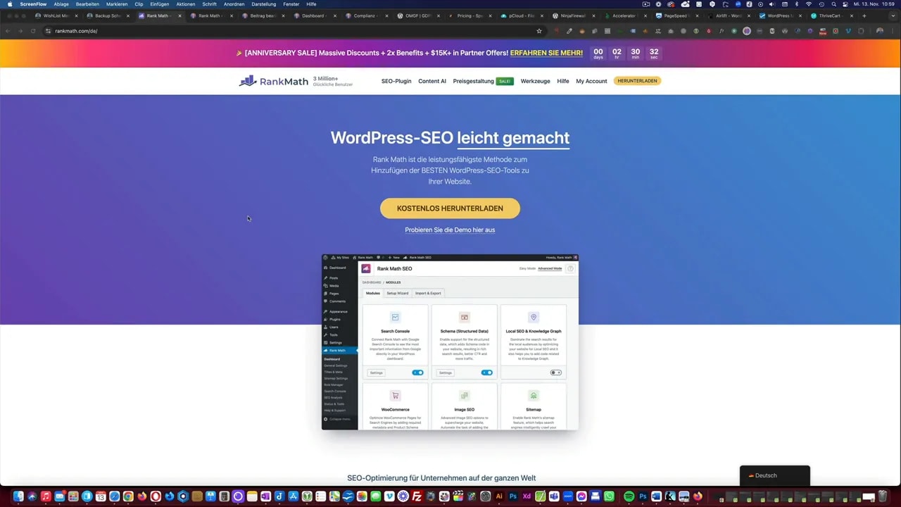 Rank Math Website-Startseite mit dem Slogan 'WordPress‑SEO leicht gemacht' und Call-to-Action