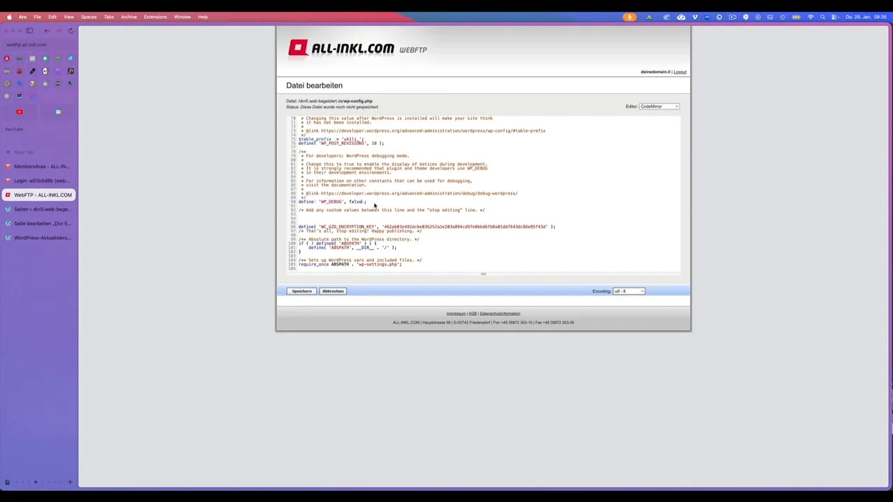 WebFTP Editor zeigt wp-config.php mit define('WP_DEBUG', false) und Speichern‑Button