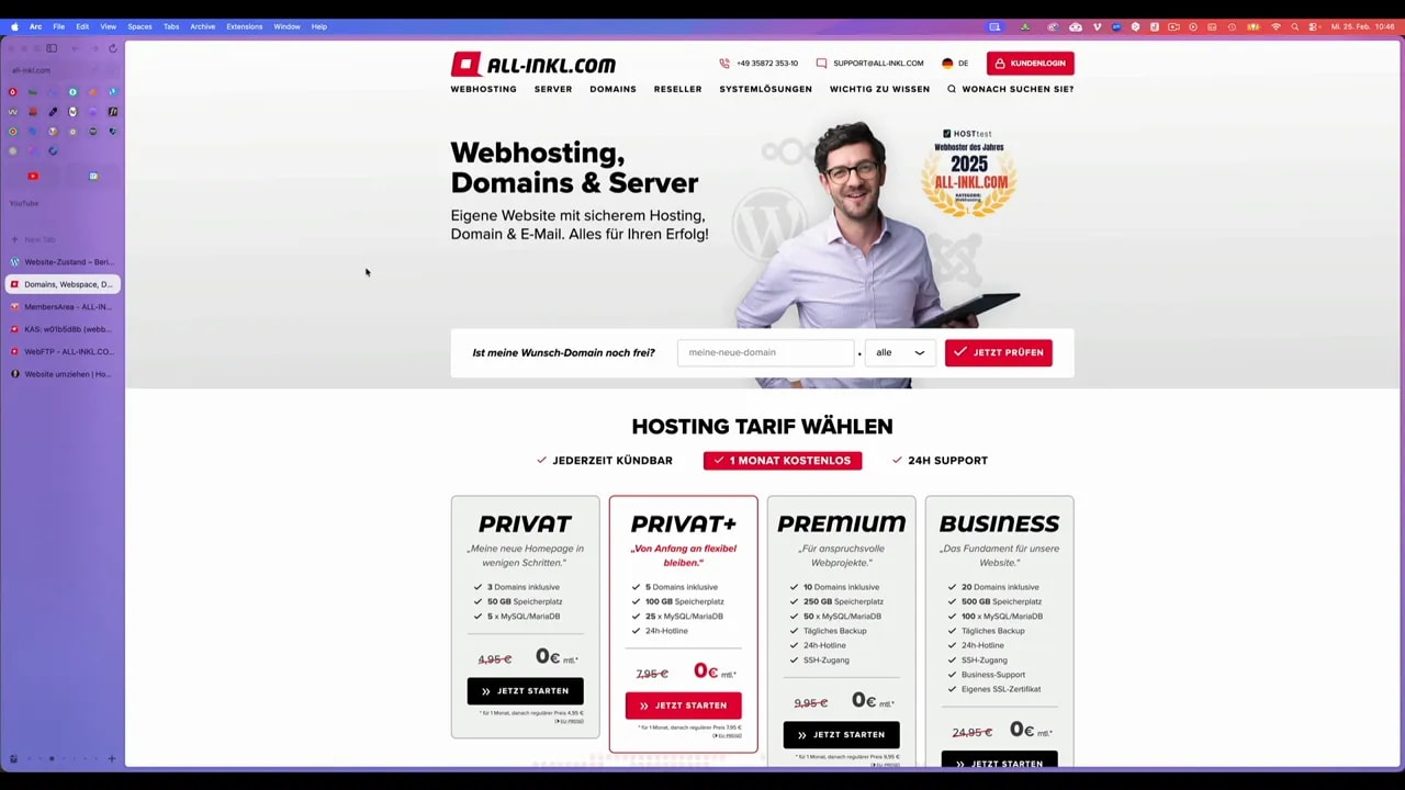 Screenshot der All‑Inkl Hosting‑Website mit Tarifübersicht
