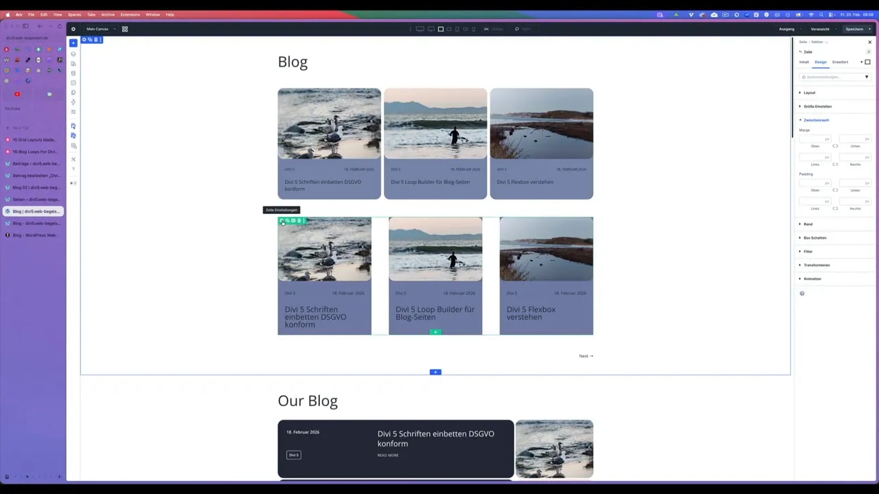 Blog-Kacheln im Divi Editor mit abgerundeten Ecken und gleichmäßigen Abständen