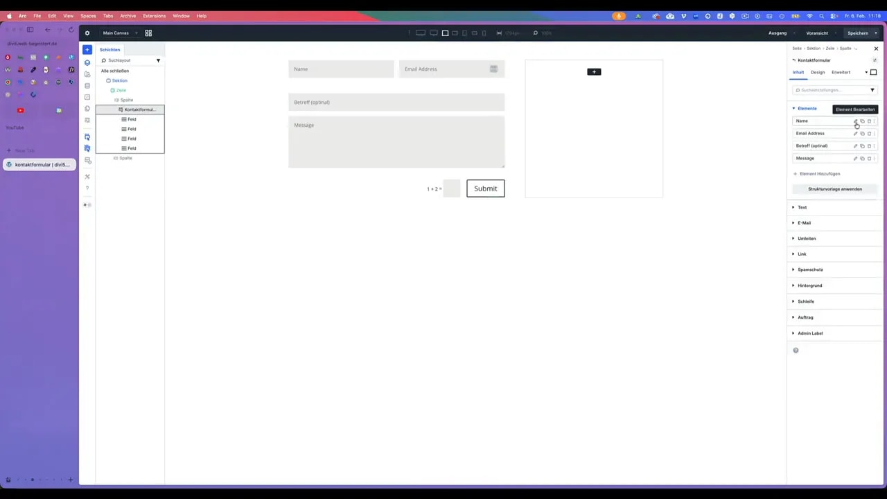 Divi Kontaktformular rechte Seitenleiste mit Elemente-Liste: Name, Email Address, Betreff (optional), Message