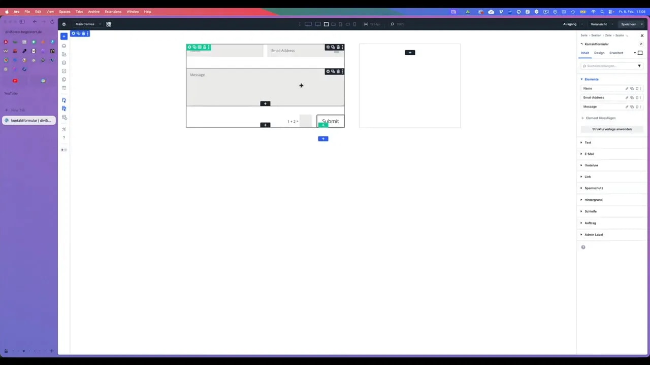 Divi 5 Kontaktformular im Editor mit Feldern Name, Email und Nachricht