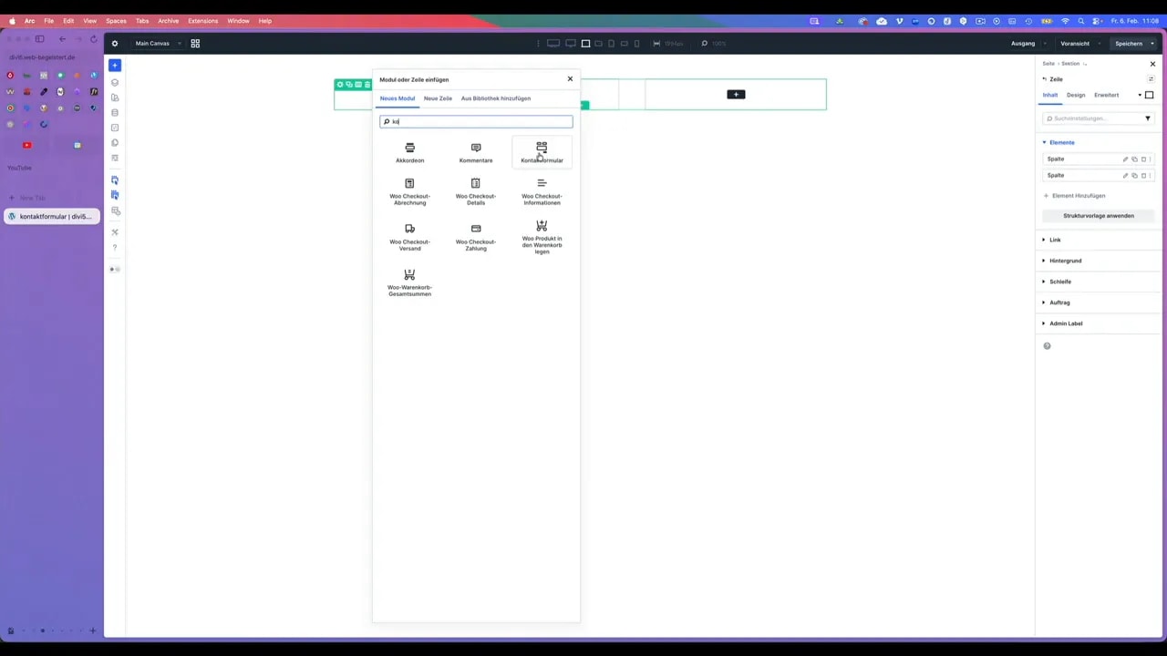 Divi Builder Modul hinzufügen Dialog mit Kontaktformular-Option sichtbar
