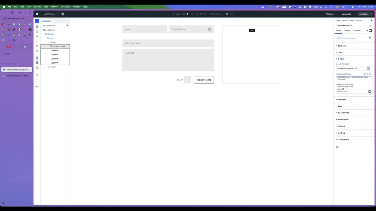Divi Kontaktformular Einstellungen mit hervorgehobener Spamschutz-Option