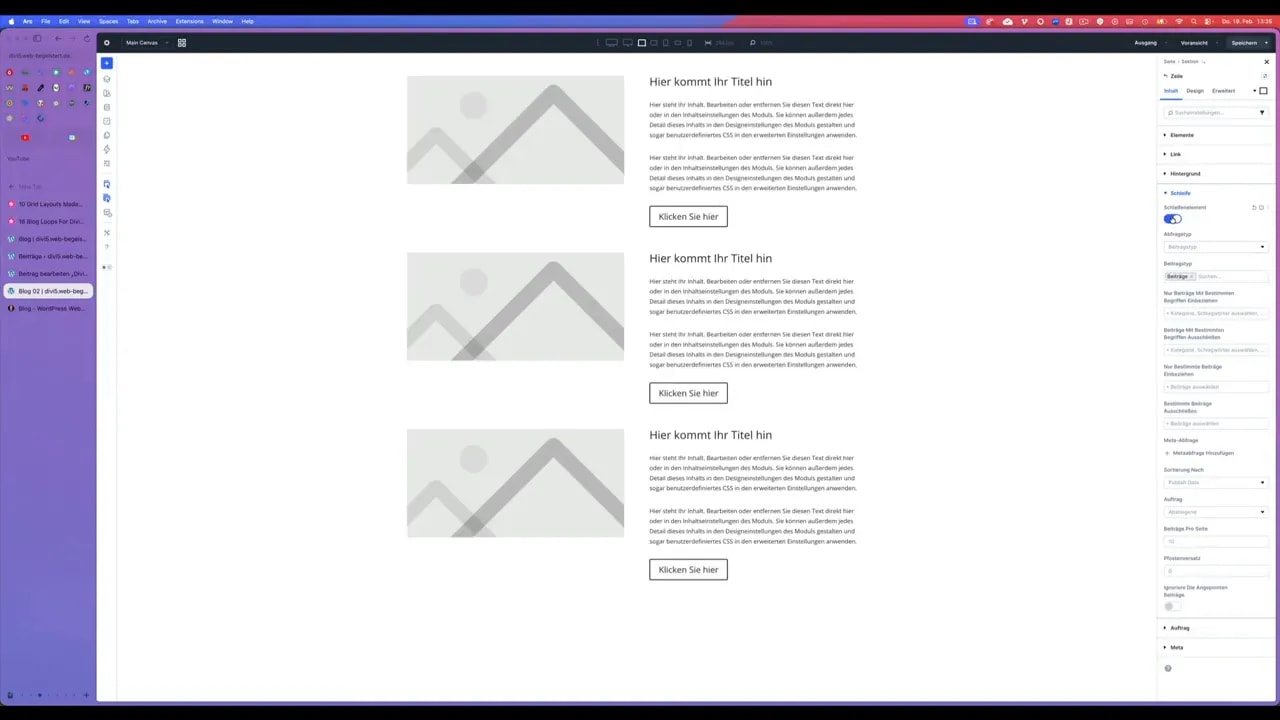 Divi-Editor: Zeile mit grünem Rahmen ausgewählt, zeigt die Loop-Auswahl für die Vorlage