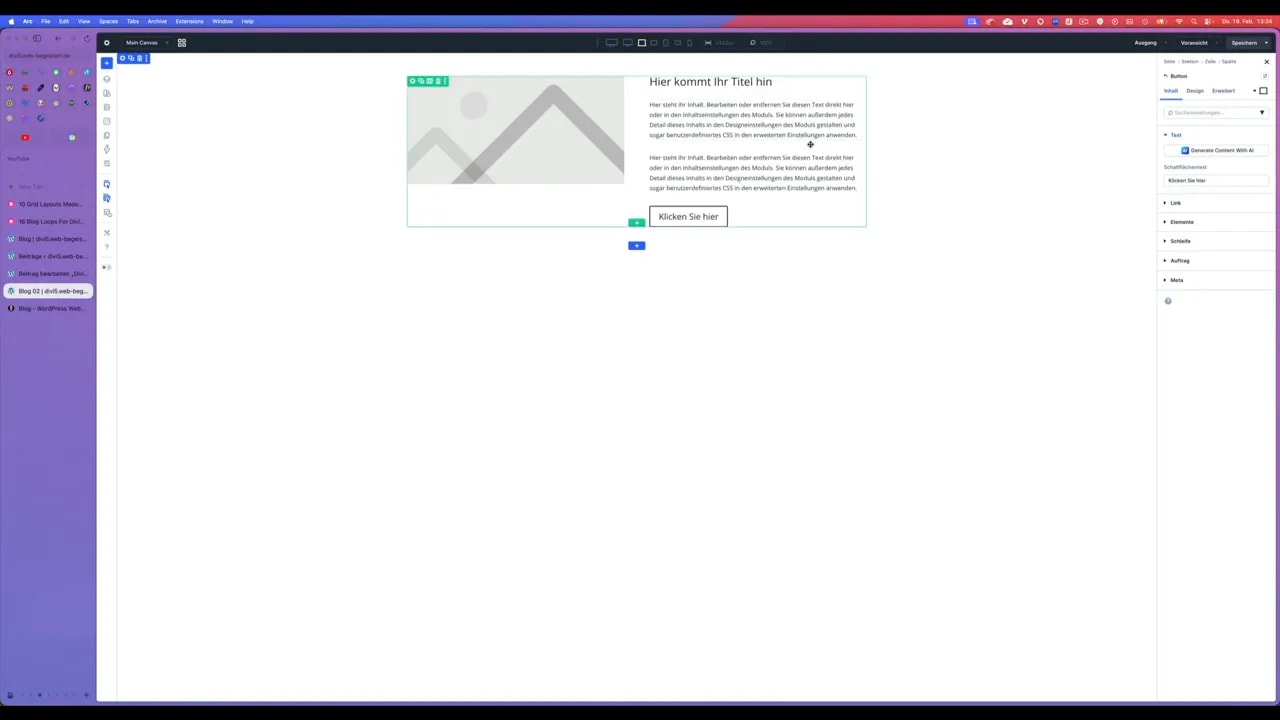 Divi-Editor: Zeile mit grünem Rahmen ausgewählt, zeigt die Loop-Auswahl für die Vorlage