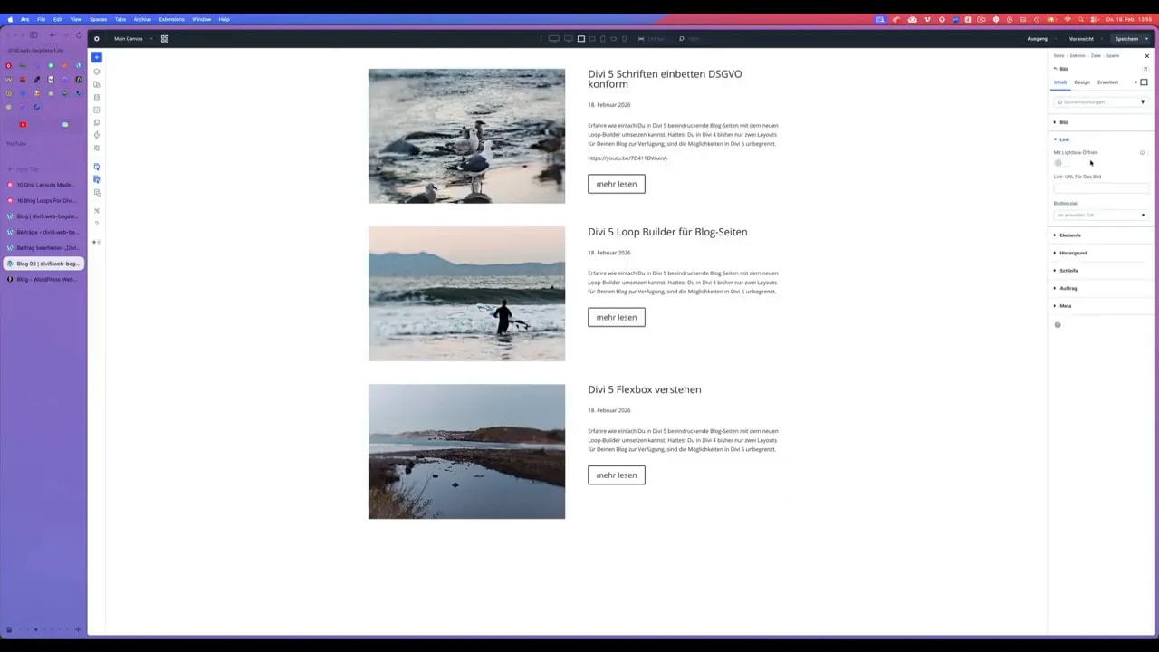 Divi Builder: Bildmodul mit geöffneten Link-Einstellungen neben der Loop-Voransicht mit drei Beiträgen