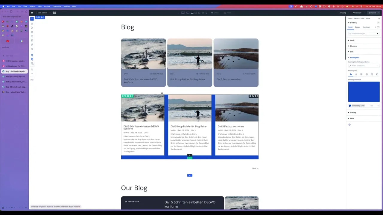 Divi Editor: Drei Beitrags-Kacheln oben und Listen-Karten ‚Our Blog‘ unten als Vergleich von Grid- und Listenlayout