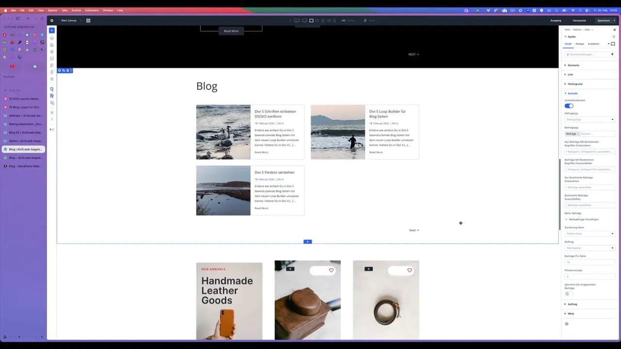 Divi Editor: Helles Blog-Grid mit Vorschaubildern und Auszügen unter der Überschrift 'Blog'