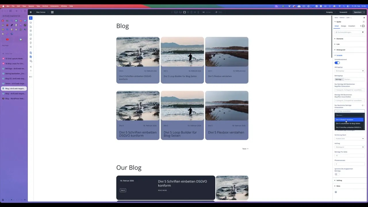 Ergebnis des Divi 5 Loop Builders: gefilterte Blog-Kacheln in einem 3x2 Grid mit sichtbarer Seitenleiste