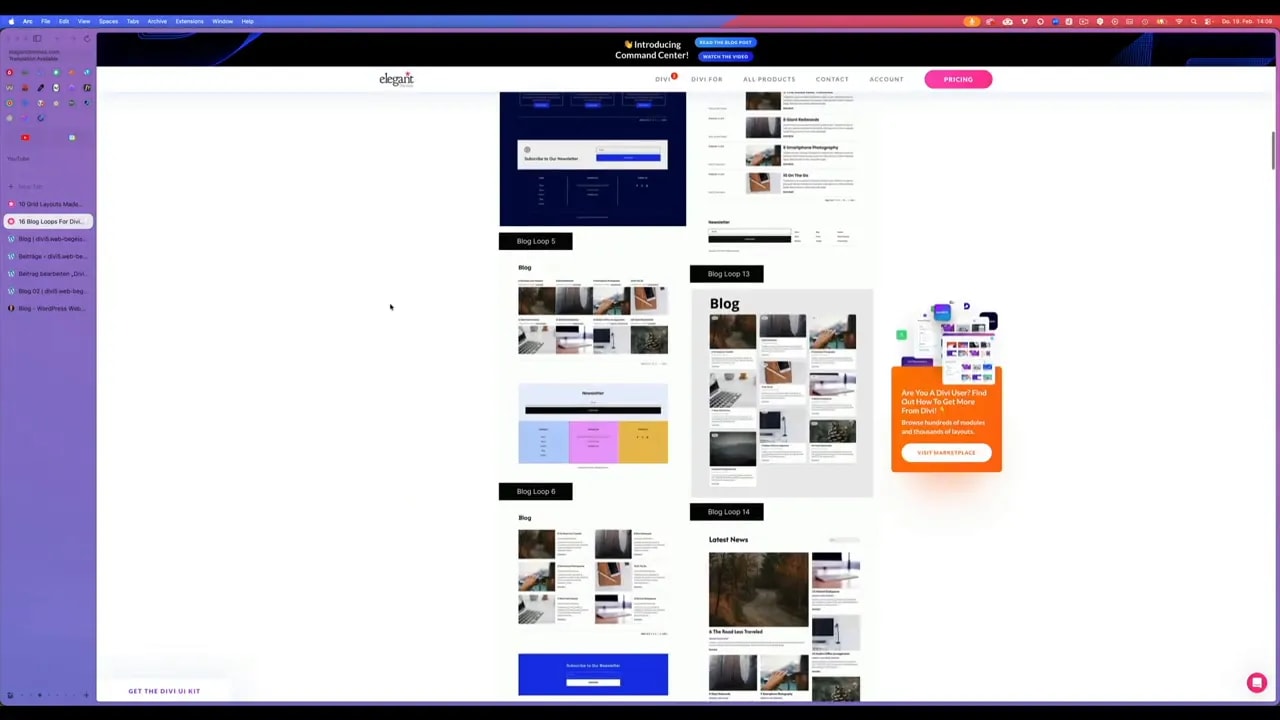Divi-Editor zeigt mehrere fertige Loop-Layouts: Karten-Grid oben und Listen-Kacheln unten