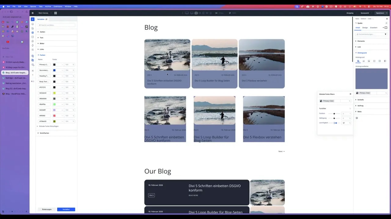Divi Loop Builder Ansicht: Blog-Grid zeigt abgestufte Primary Color auf Kacheln
