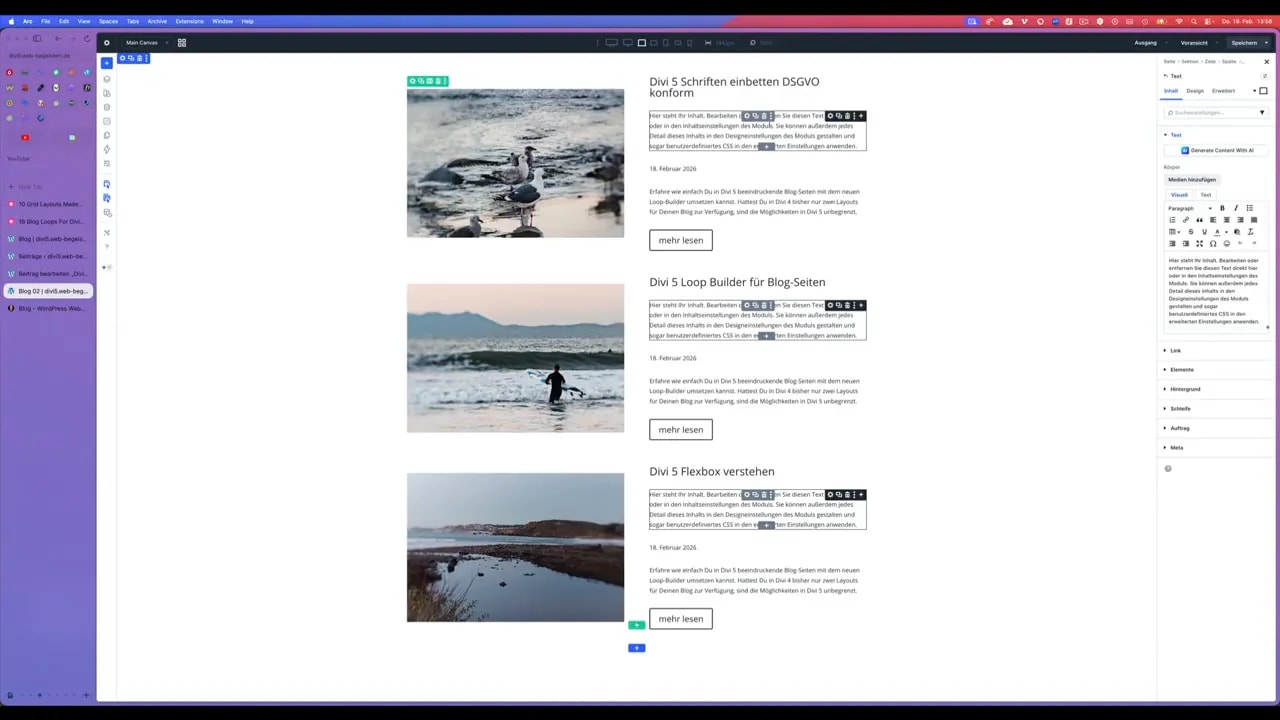 Divi 5 Editor mit Loop‑Vorlage: Featured Images links, Titel/Auszug und 'mehr lesen'-Buttons rechts, zusätzlich das Modul‑Einstellungsfeld