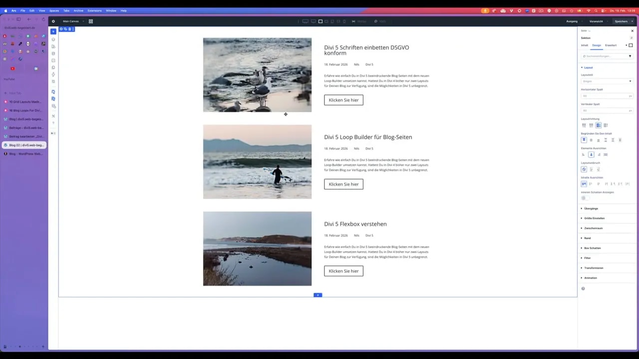 Divi Builder Vorschau mit wiederholten Beitragskacheln und Einstellungsleiste
