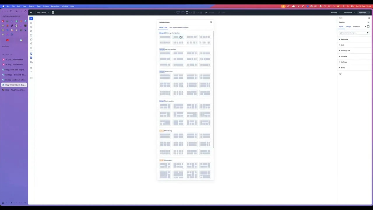 Divi Spaltenauswahl-Dialog mit verschiedenen Layout-Vorlagen