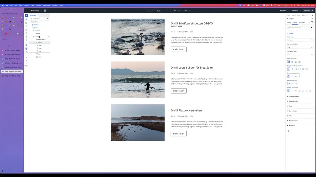 Divi 5 Editor mit Loop-Vorlage, Beitragskacheln und rechter Einstellungsleiste