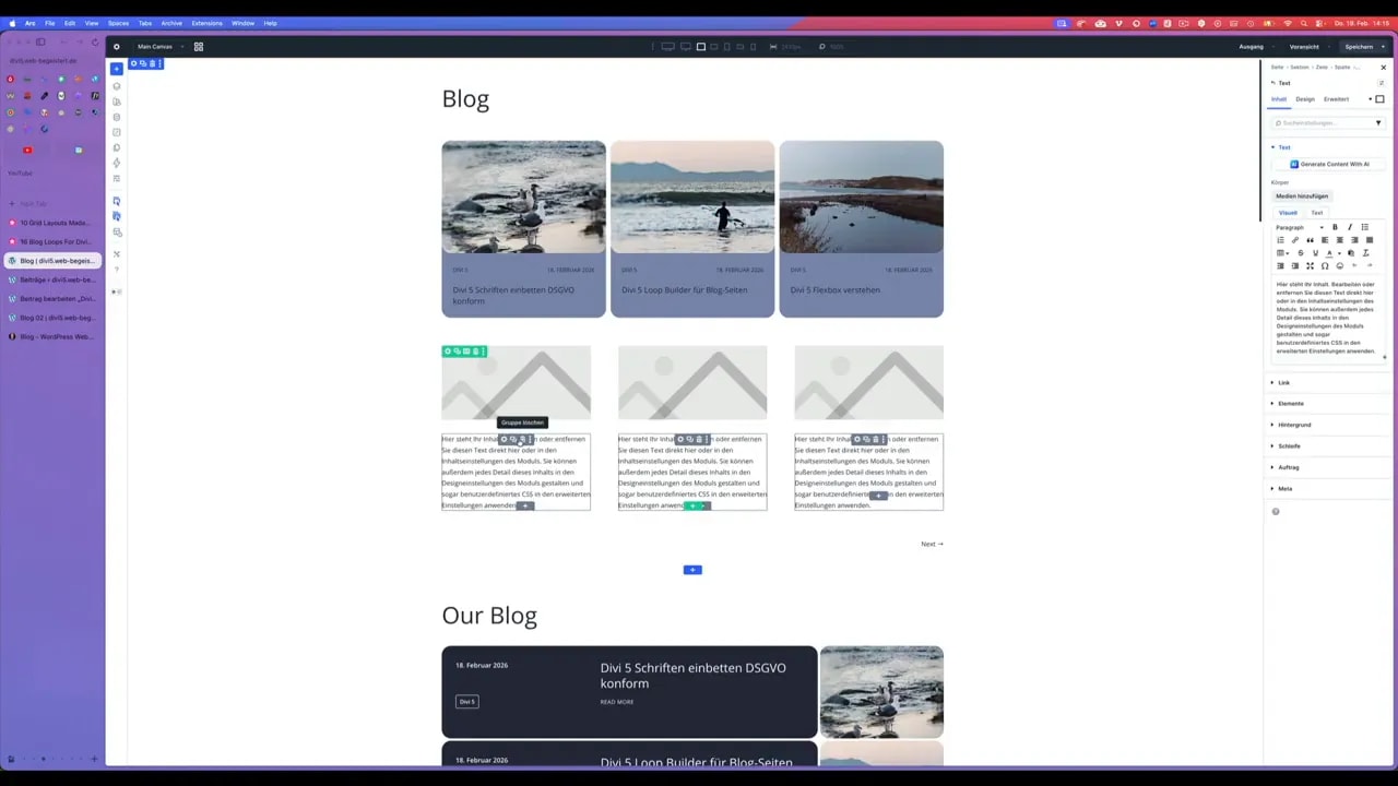 Divi Editor mit hervorgehobener Gruppe und Bearbeitungs-Tooltip, zeigt Modulstruktur
