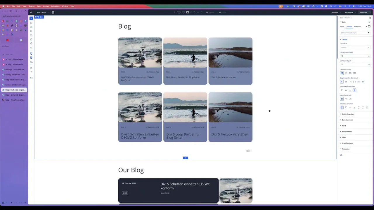 Divi 5 Editor: klare Ansicht des Blog-Grid-Layouts mit rechter Einstellungsleiste