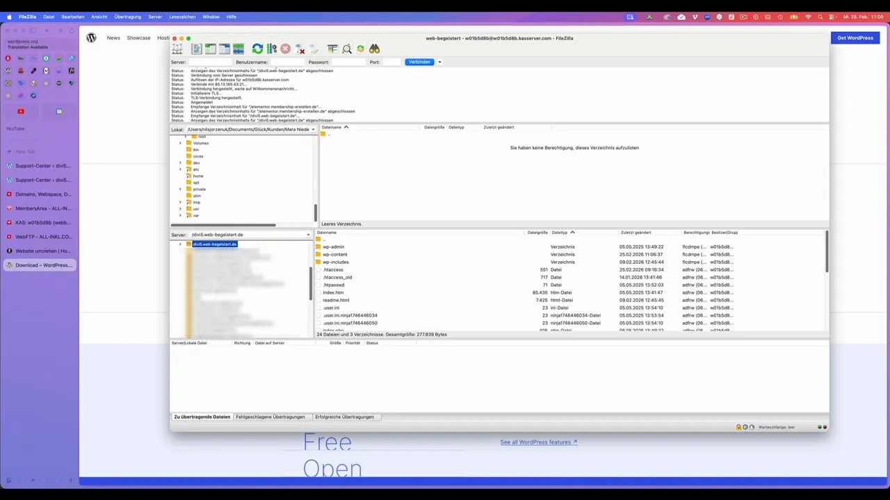FileZilla FTP-Client mit klarem Blick auf das WordPress-Stammverzeichnis (wp-admin, wp-content, wp-includes, .htaccess sichtbar)