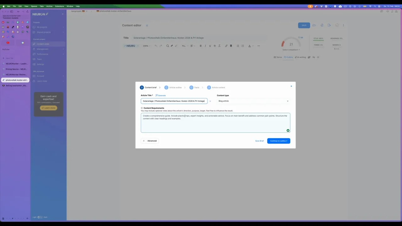 Longform Content Designer Content-Brief mit Textanforderungen und Continue-to-outline-Button