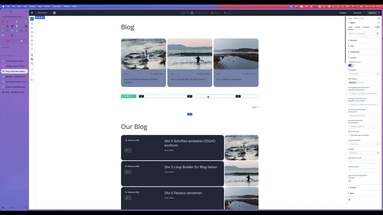 Divi Editor mit markierter Zeile (Zeile Einstellungen) zur Veranschaulichung von Loop in Zeile vs Spalte