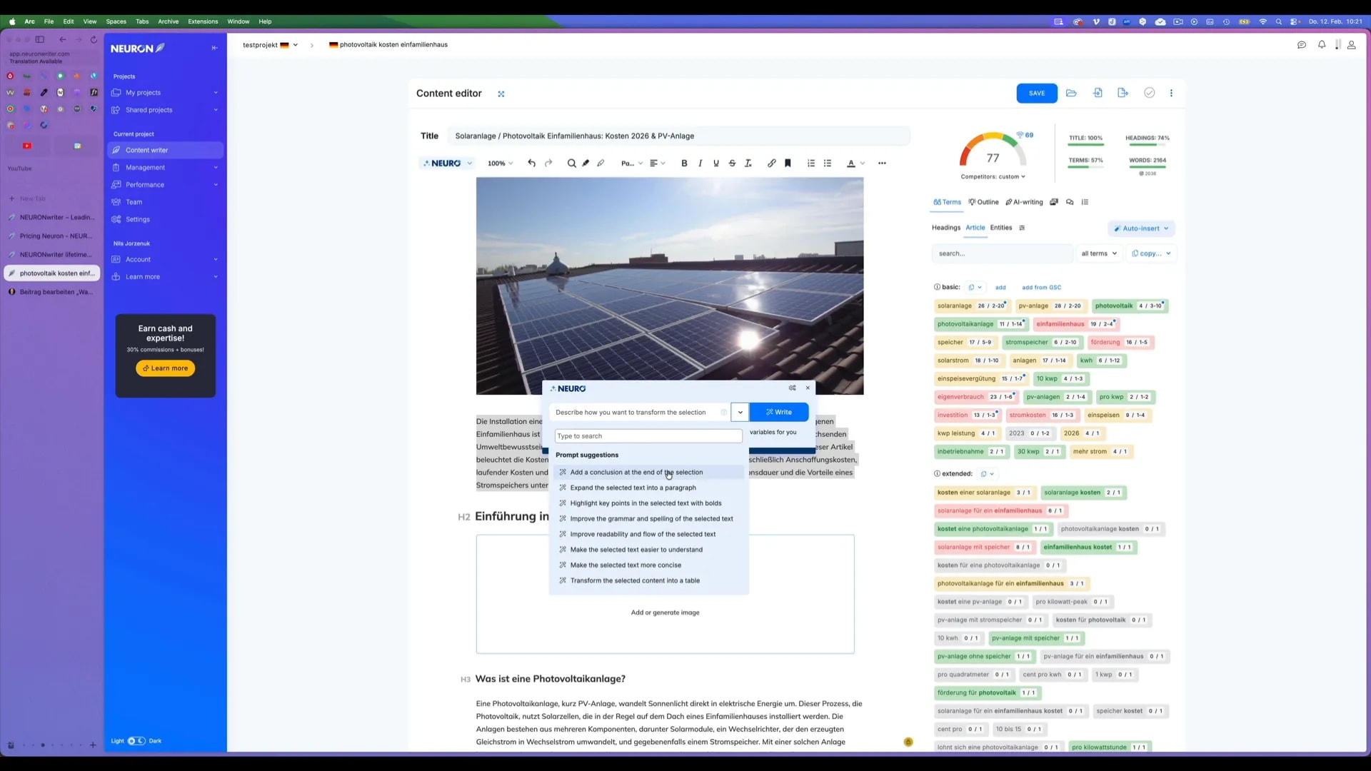 NeuronWriter Einfüge-Dialog mit geöffnetem AI-Generate-Menü, das Stiloptionen wie cartoon und photograph sowie Alt-Text-Feld zeigt