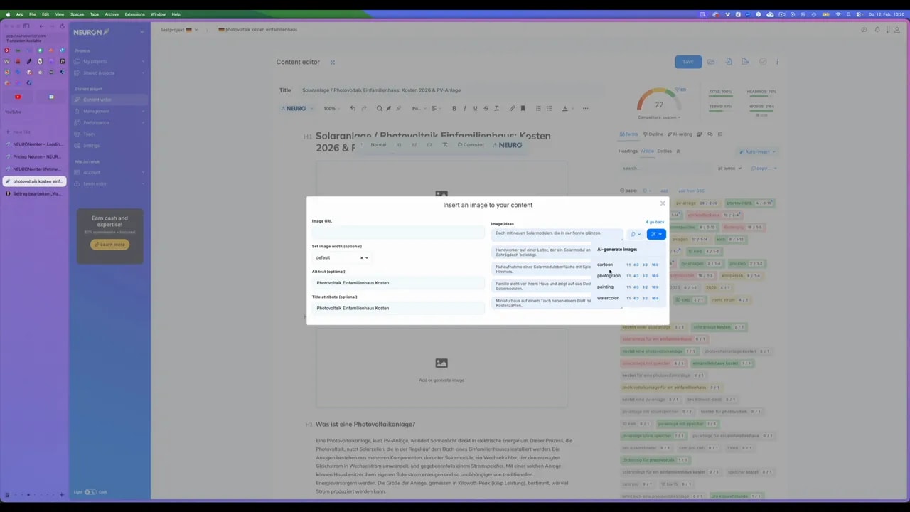 NeuronWriter Einfüge-Dialog mit geöffnetem AI-Generate-Menü, das Stiloptionen wie cartoon und photograph sowie Alt-Text-Feld zeigt